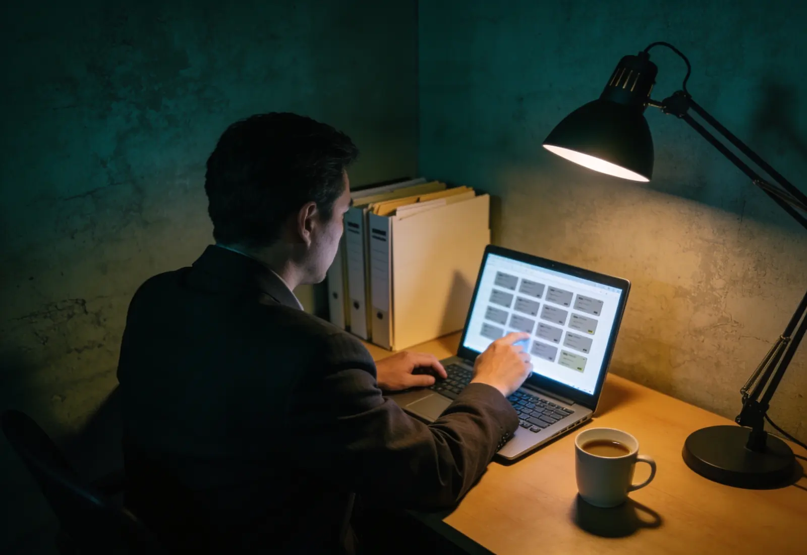 Advogado de costas numa mesa de escritório à noite, lendo no notebook uma lista de cartões desfocada, com a luminária acesa