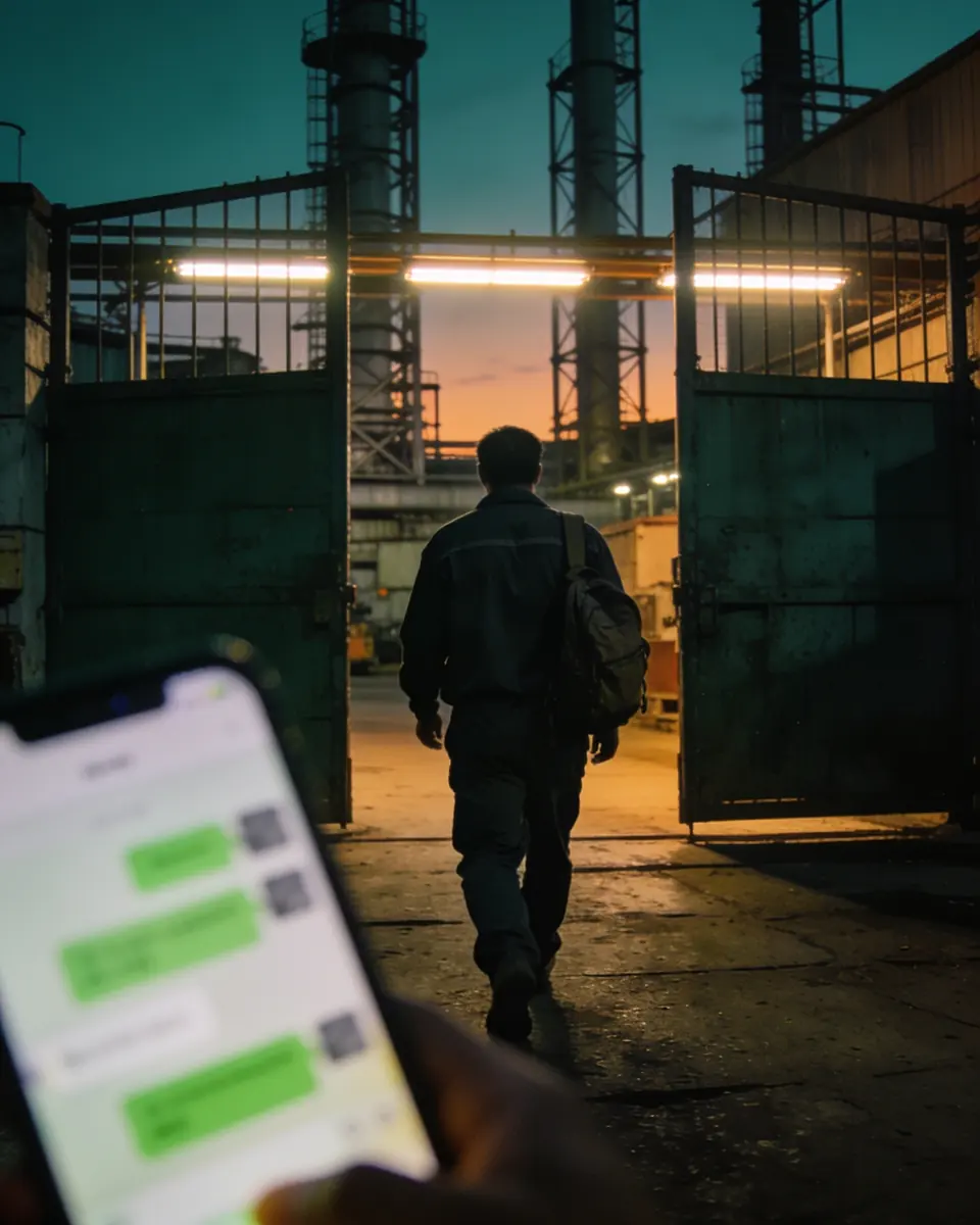 Trabalhador de uniforme visto de costas saindo pelo portão de uma fábrica no fim da tarde, com o celular na mão