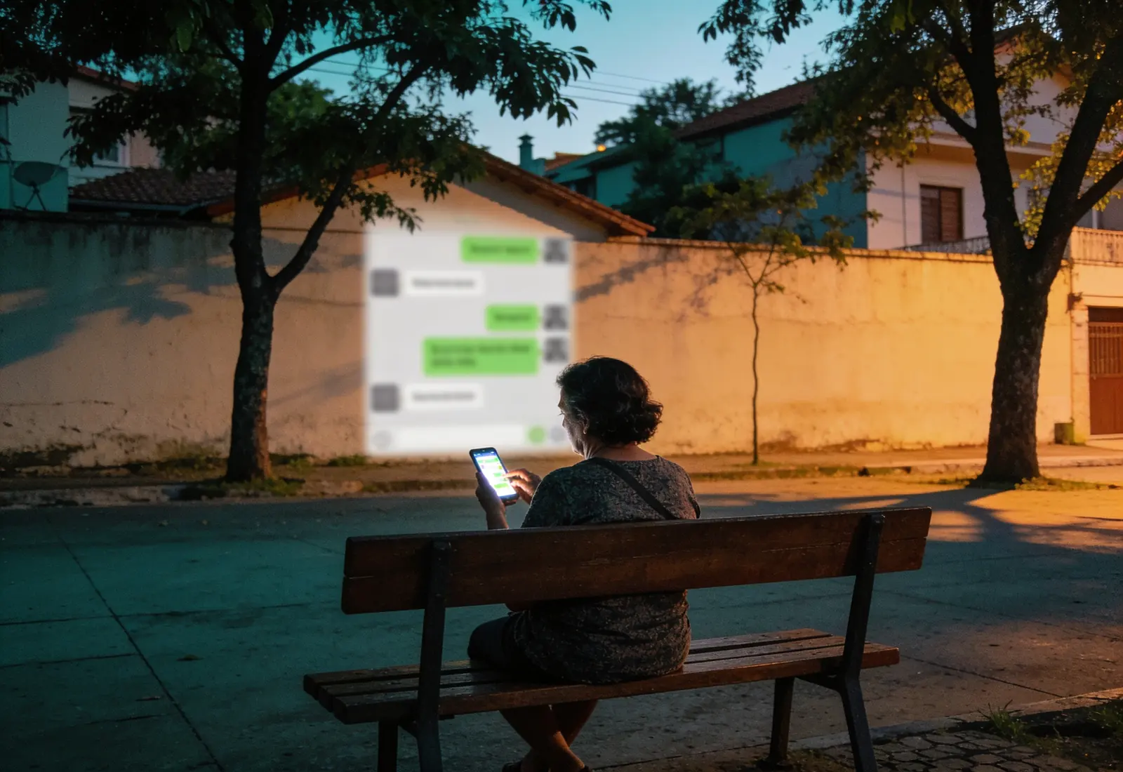 Mulher de costas sentada num ponto de ônibus no fim da tarde, digitando no celular uma conversa desfocada