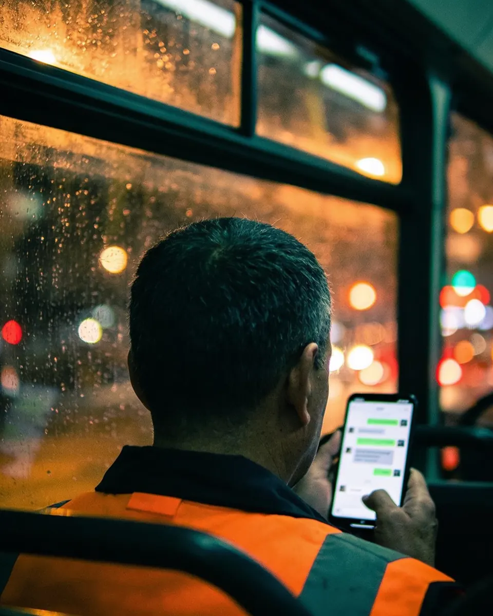 Trabalhador de costas sentado à janela de um ônibus à noite, segurando um celular com uma conversa desfocada na tela, com as luzes da cidade atrás