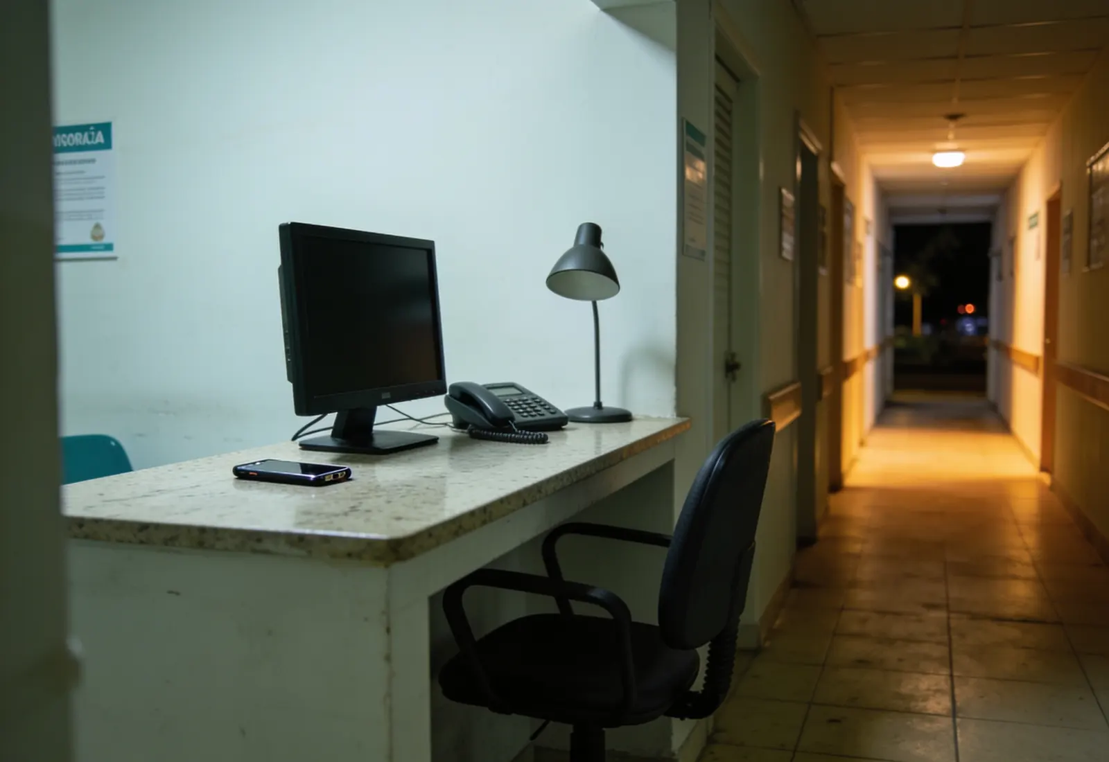 Recepção vazia de uma clínica pequena à noite, com o monitor apagado e um celular sobre a mesa