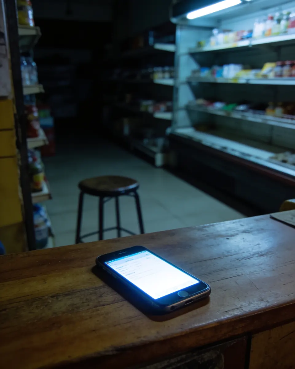 Balcão de uma loja fechada à noite, com um celular aceso deitado sobre a madeira