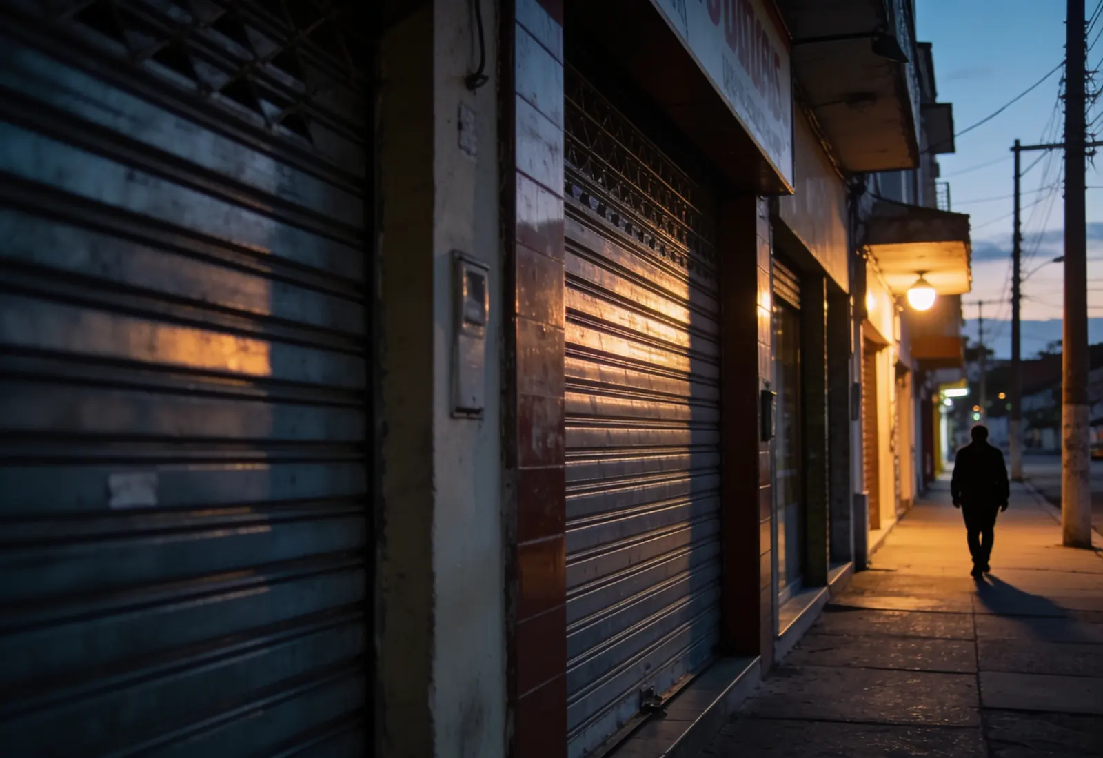 Rua de comércio de bairro no fim da tarde, com portas de aço meio abaixadas e uma pessoa ao longe