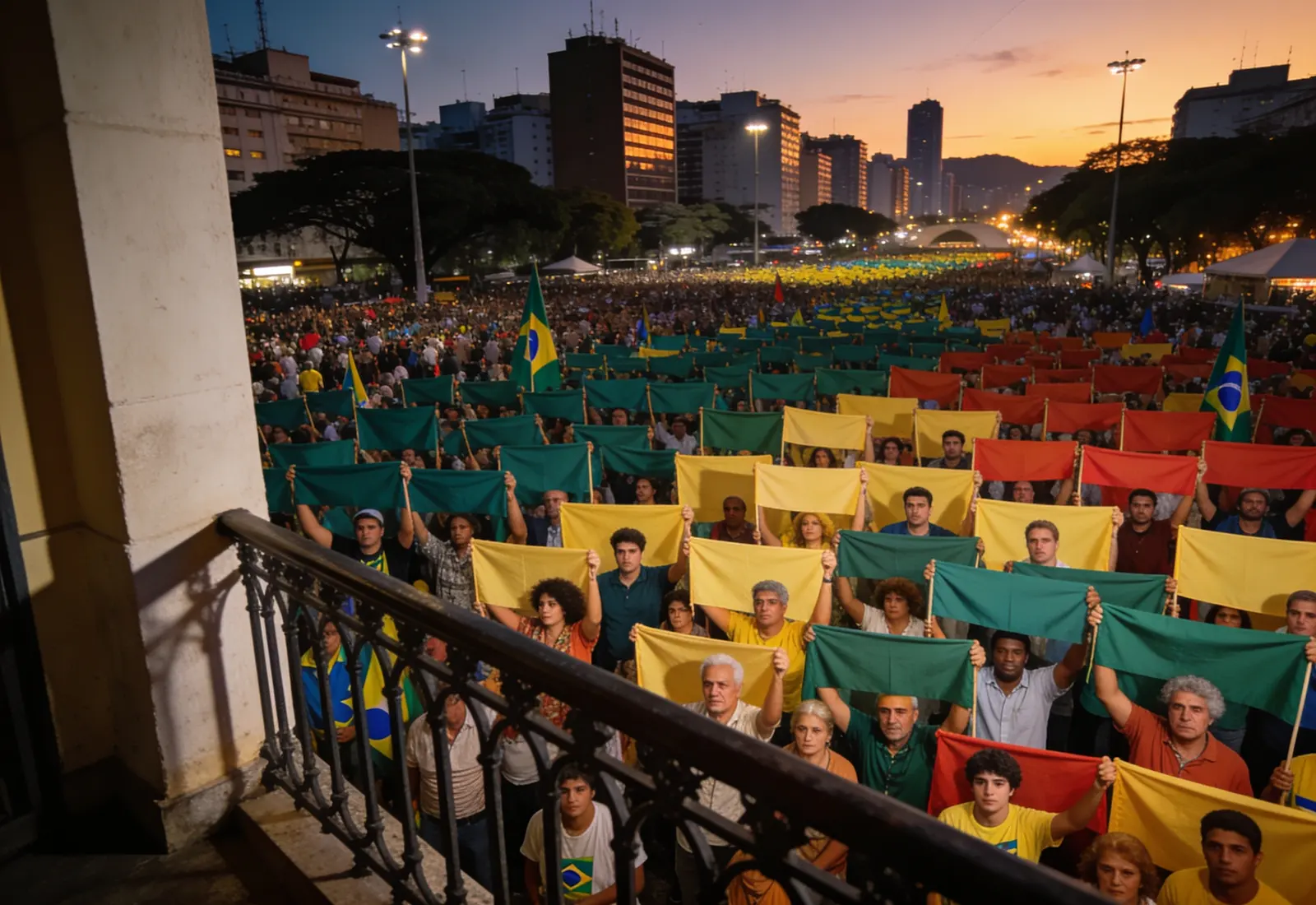 Multidão em praça ao entardecer com bandeiras sem texto, vista de uma sacada alta