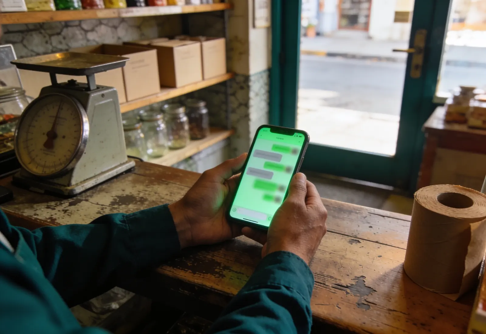 Mãos de um atendente atrás do balcão de madeira de um pequeno comércio de bairro, segurando o celular aceso numa conversa desfocada, com prateleiras desfocadas ao fundo