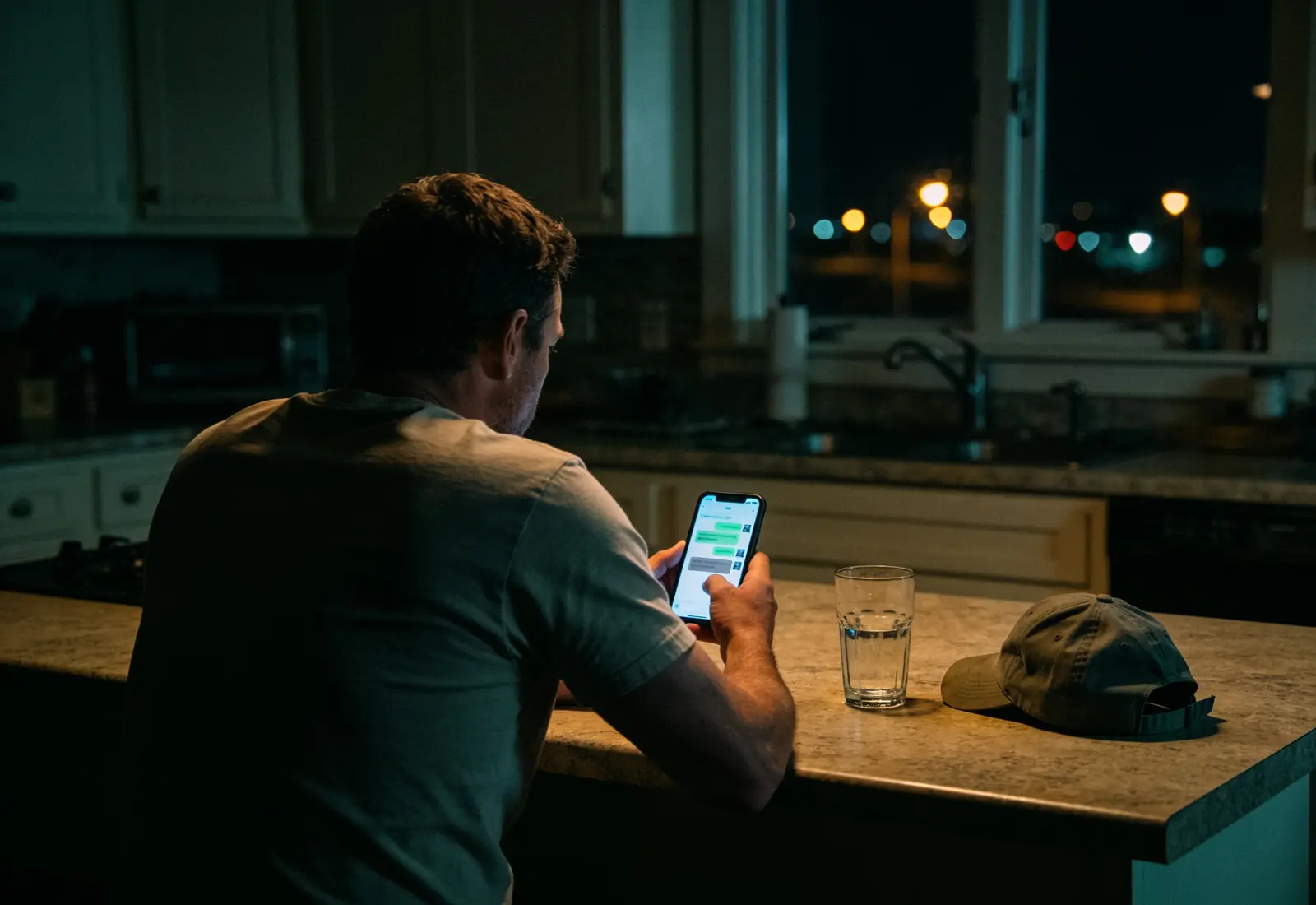 Homem de costas sentado à mesa da cozinha tarde da noite, com o ambiente escuro iluminado pelo celular aceso numa conversa desfocada, um copo de água e um boné de trabalho sobre a mesa