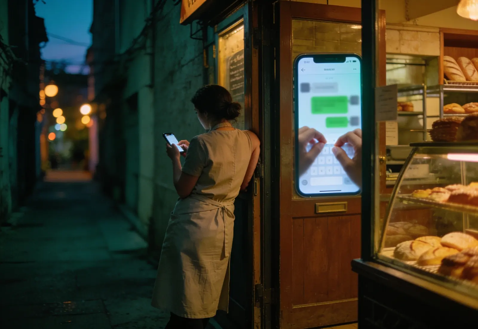 Mulher de avental, de costas, encostada na porta dos fundos de uma padaria no fim da tarde, digitando uma resposta no celular
