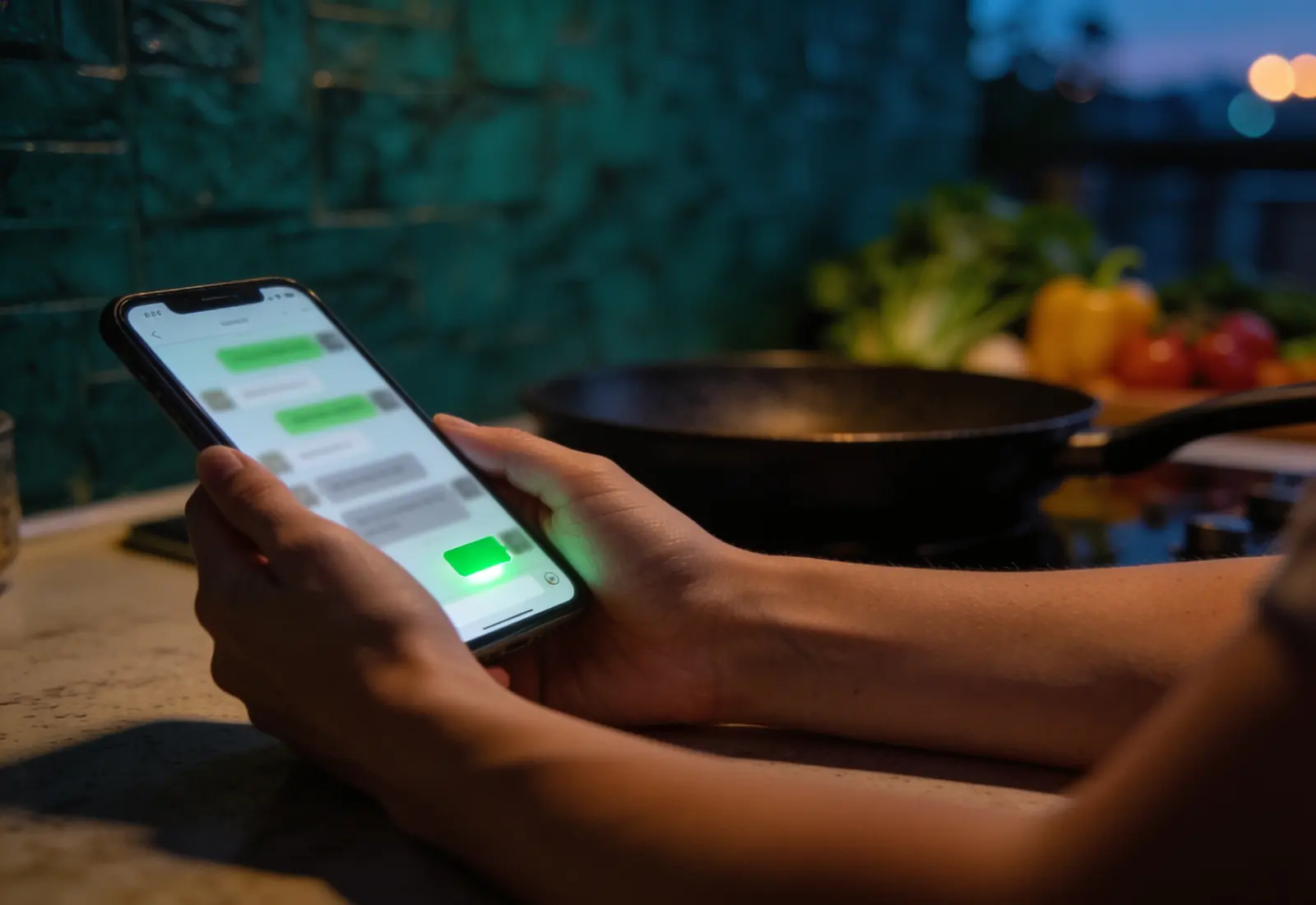 Mãos de uma mulher segurando o celular sobre a bancada da cozinha no começo da noite, com uma conversa desfocada e uma mensagem nova na tela