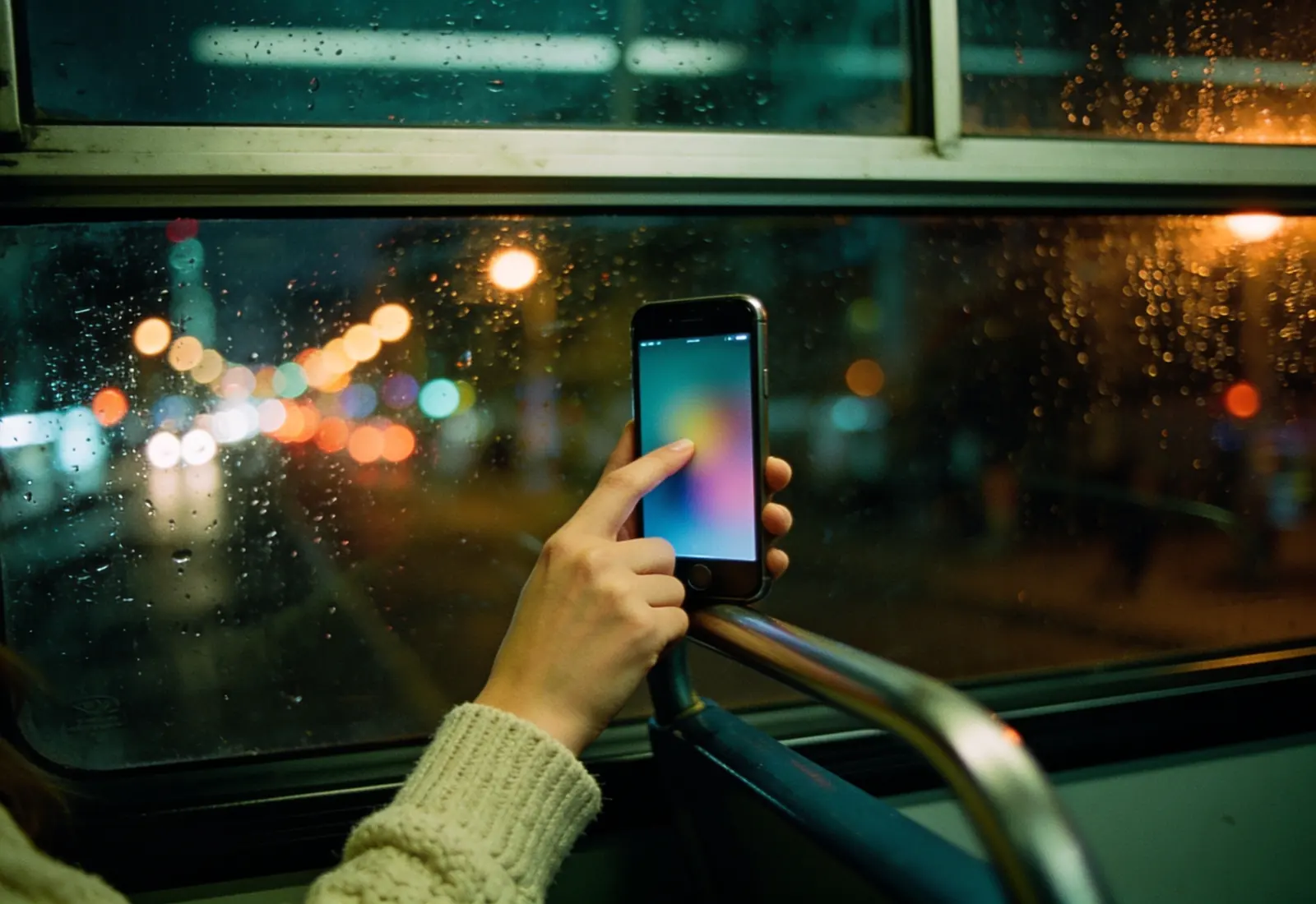 Mão de uma mulher de suéter de tricô segurando o celular junto à janela de um ônibus, à noite, com o polegar prestes a tocar a tela desfocada, gotas de chuva no vidro e as luzes da cidade ao fundo