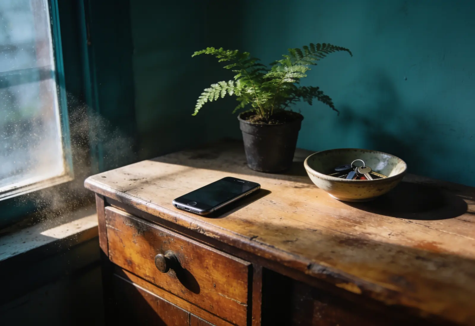Celular virado para baixo sobre um aparador de madeira antigo, ao lado de um vaso pequeno de samambaia e de uma tigela de cerâmica com um molho de chaves, com uma camada fina de poeira na luz lateral da janela