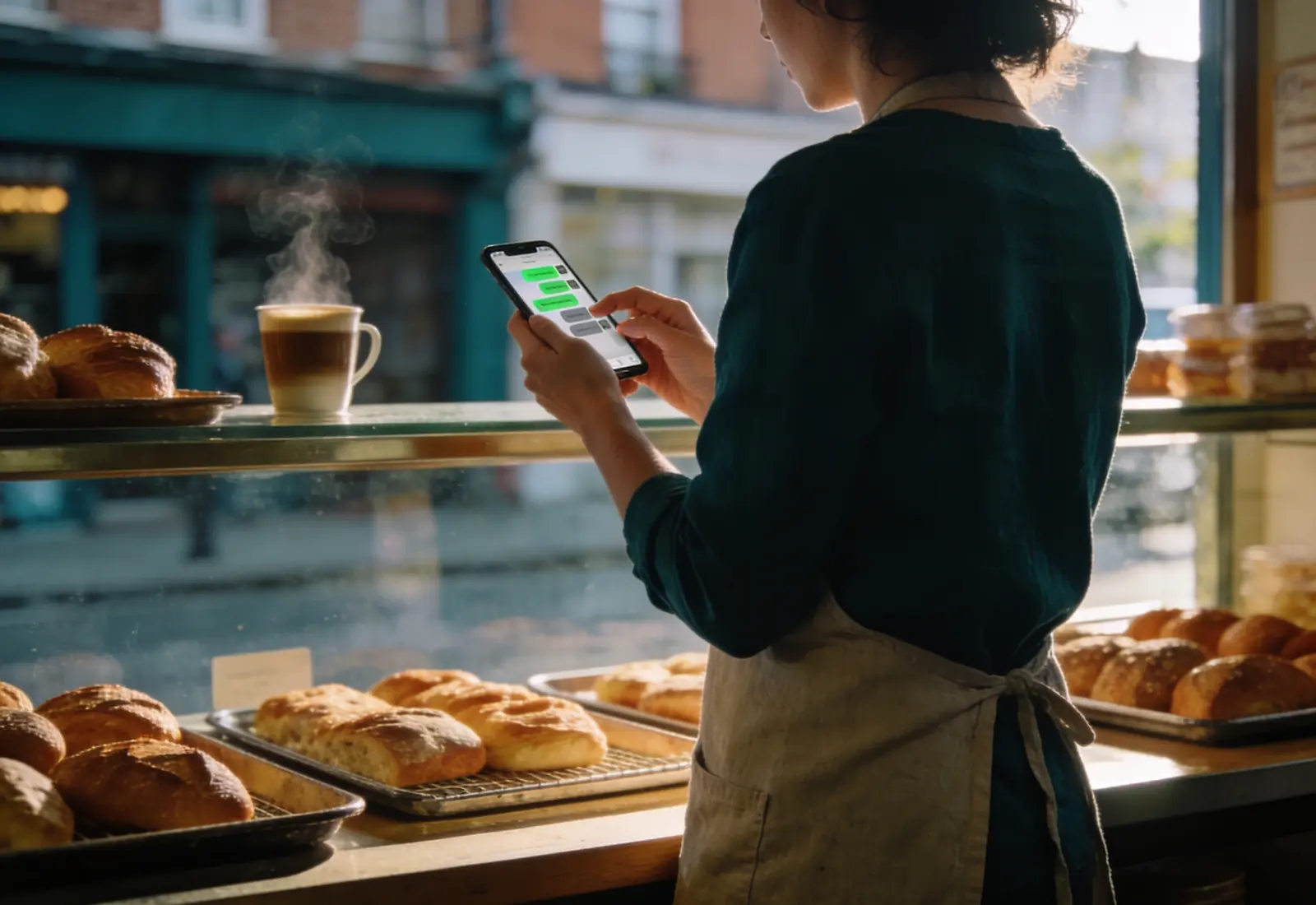Mulher de avental de linho, de costas, no balcão de uma padaria de bairro de manhã cedo, digitando no celular aceso numa conversa desfocada, com bandejas de pão e uma xícara de café ao redor
