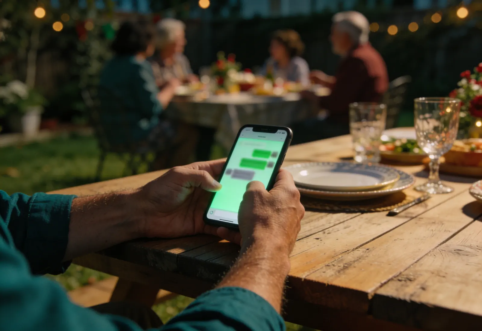 Mãos de um homem sobre a mesa de um almoço de feriado no quintal, segurando o celular aceso numa conversa desfocada