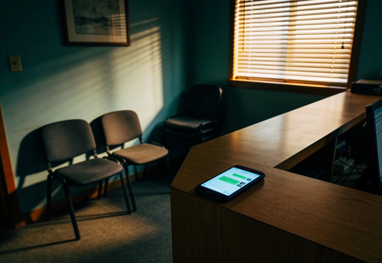 Recepção de um escritório pequeno vazia numa manhã de sábado, com um celular aceso sobre o balcão numa conversa desfocada