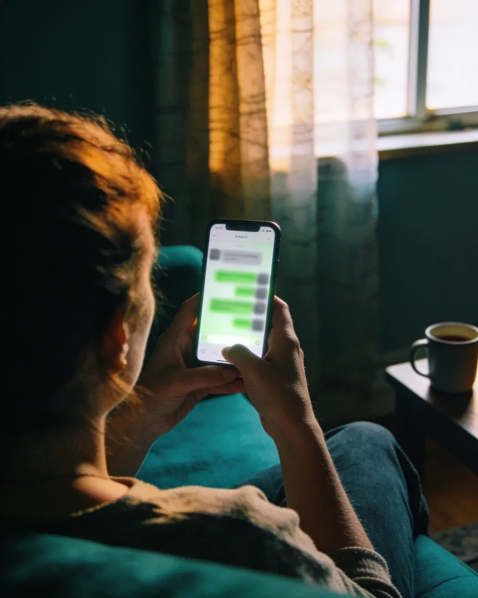 Mulher de costas no sofá de casa numa tarde de domingo, com o celular aceso numa conversa desfocada