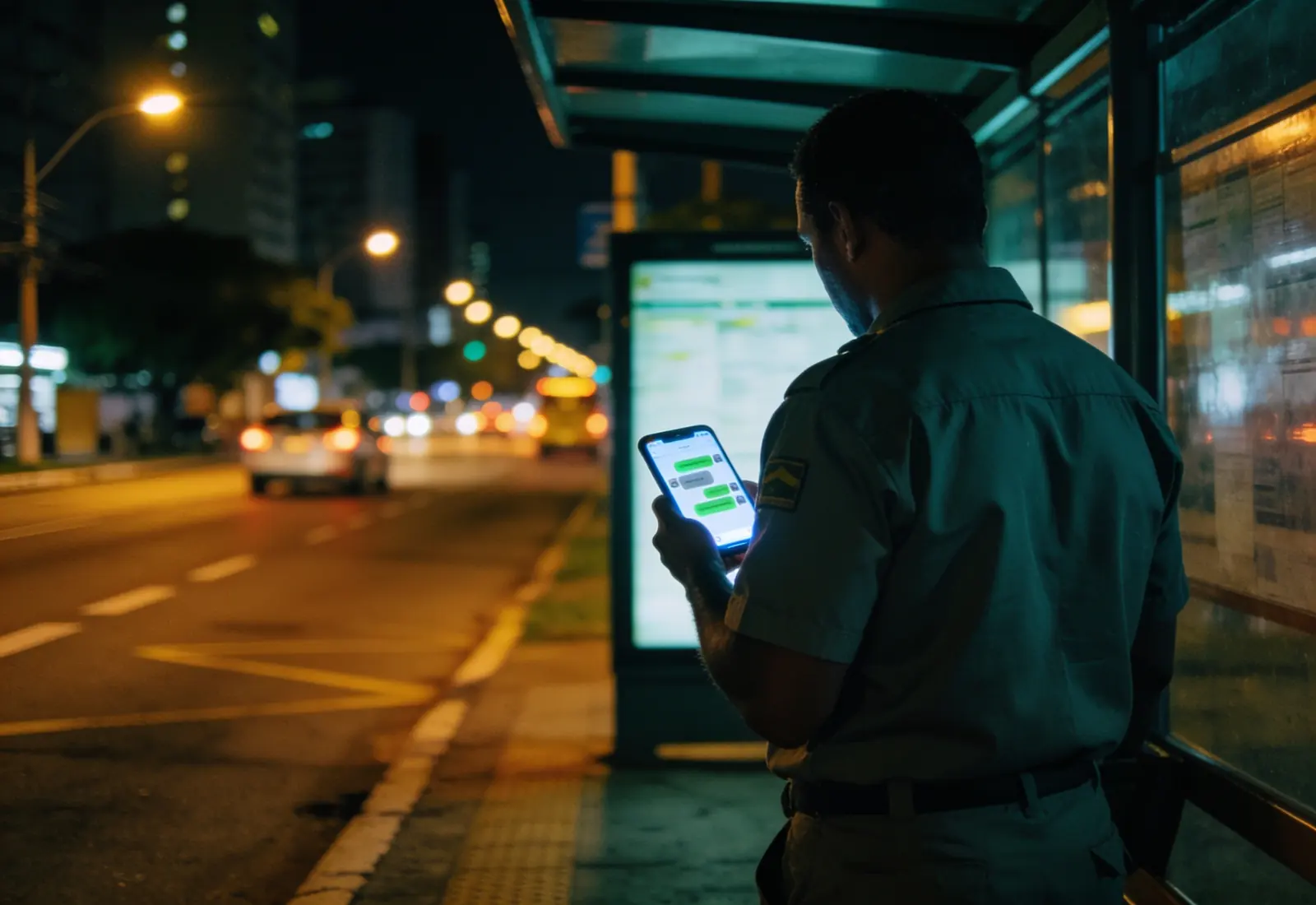 Trabalhador de uniforme, de costas, num ponto de ônibus à noite, com o celular aceso numa conversa desfocada