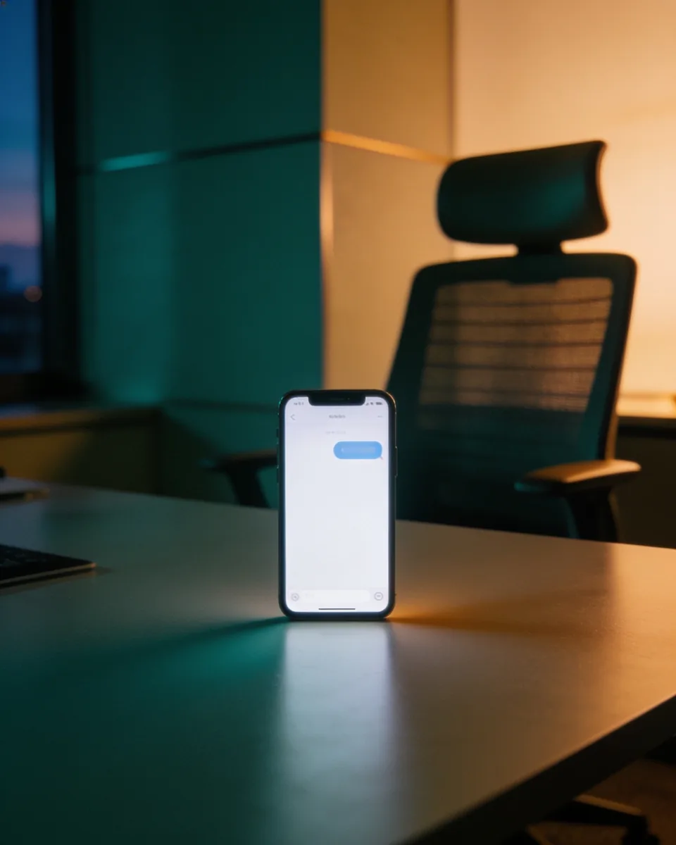Celular aceso sobre uma mesa vazia de escritório ao anoitecer, com uma única mensagem sem resposta na tela desfocada