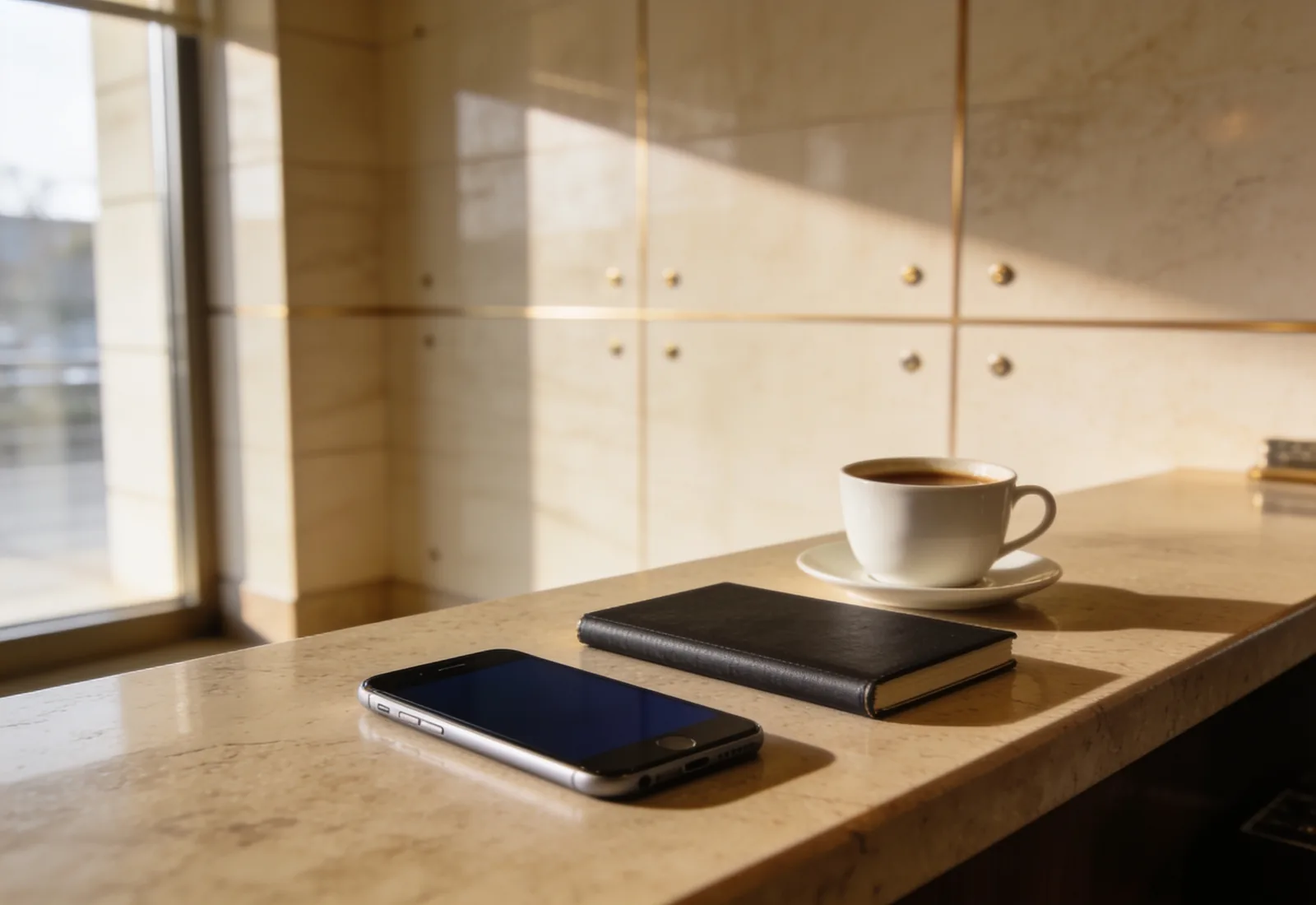 Balcão de recepção pela manhã com um celular de tela apagada ao lado de uma xícara de café e um caderno fechado