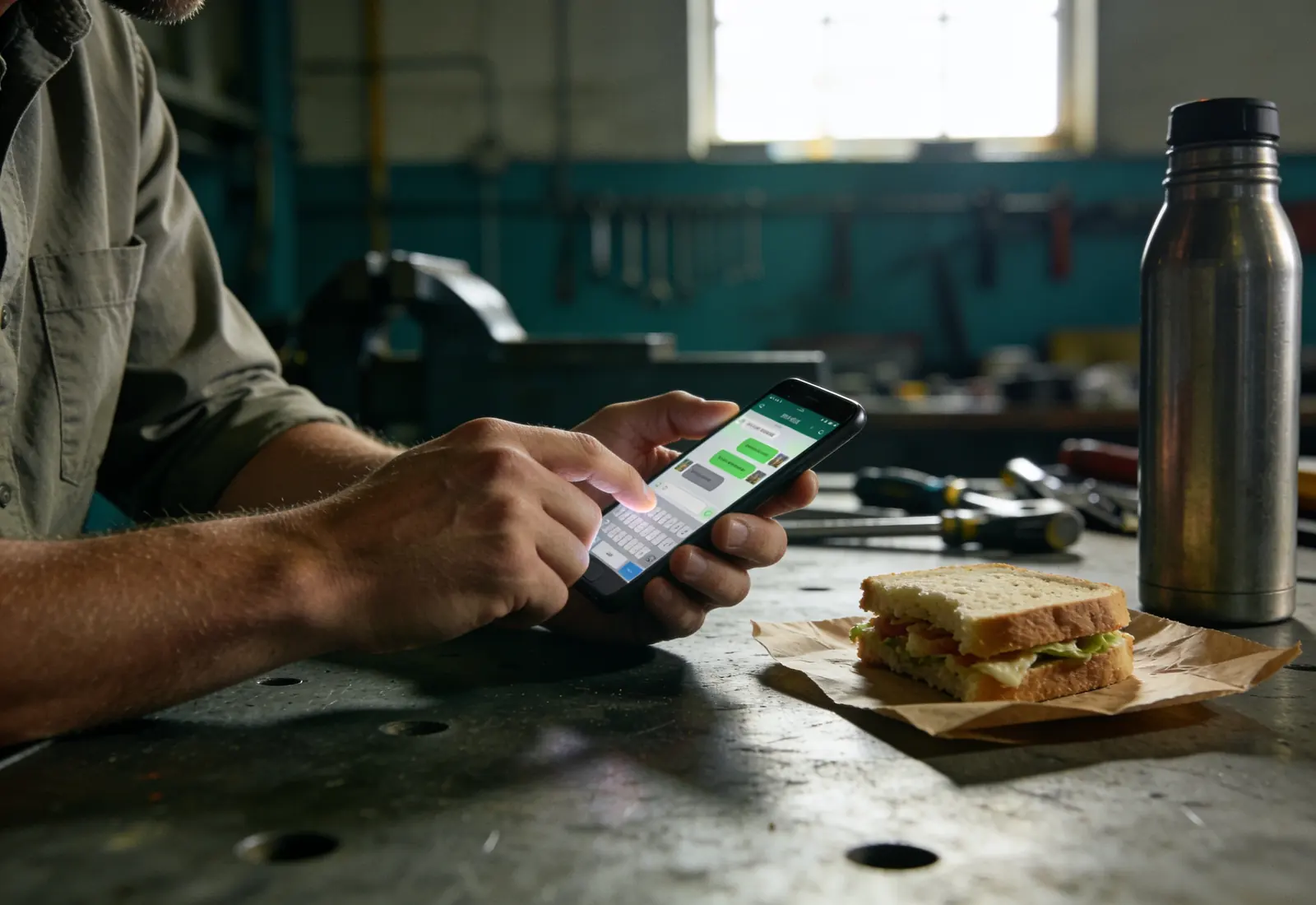 Mãos de um homem de camisa de trabalho digitando com os dois polegares no celular sobre uma bancada de metal, no intervalo do almoço, com um sanduíche pela metade e uma garrafa térmica ao lado