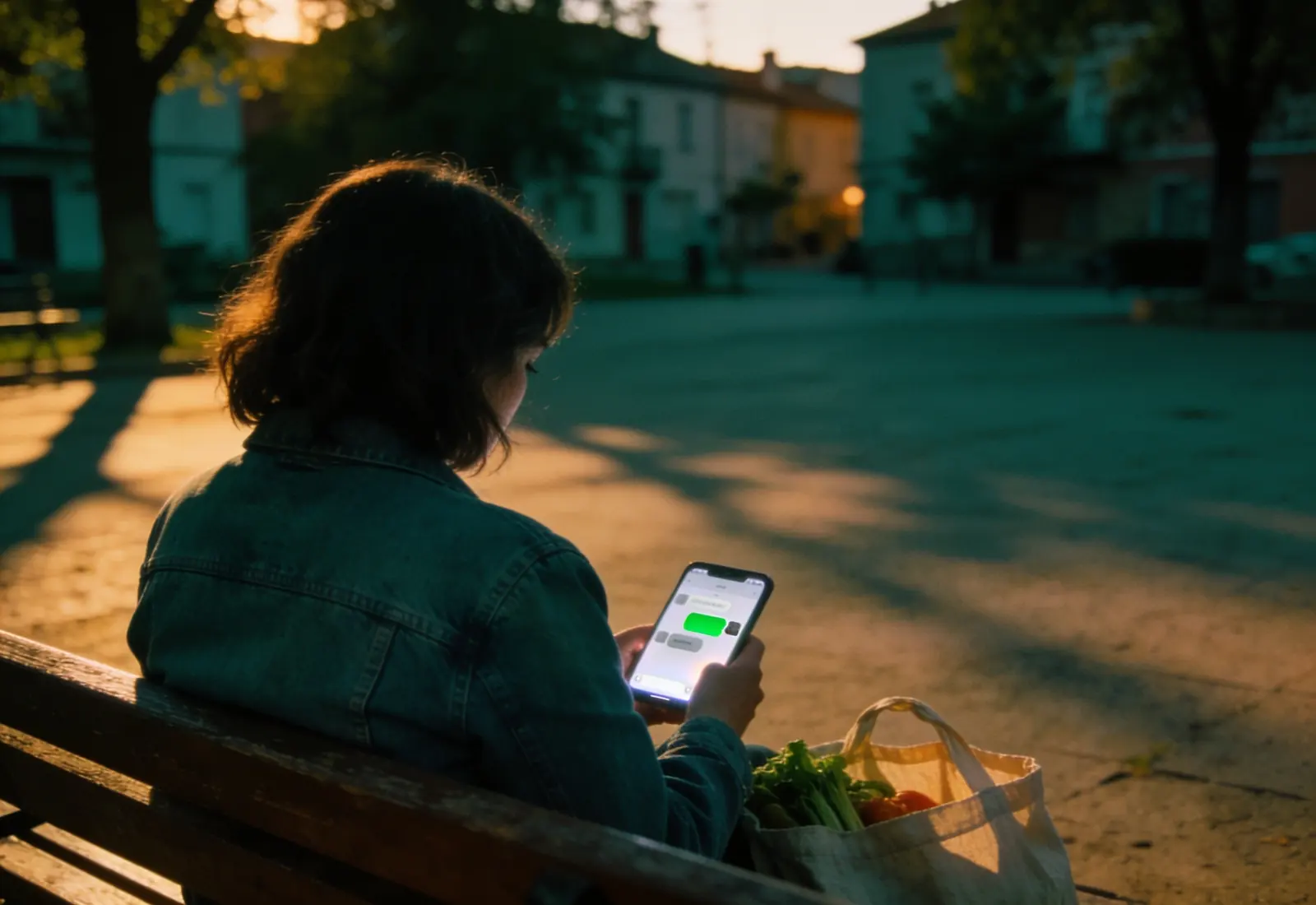 Mulher de jaqueta jeans, de costas, sentada num banco de praça no fim da tarde, com uma sacola de pano ao lado, olhando o celular aceso numa conversa desfocada