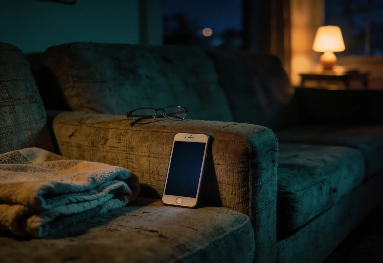 Celular com a tela apagada apoiado no braço de um sofá de tecido gasto, numa sala à meia-luz, à noite, com uma manta dobrada e um par de óculos ao lado e um abajur aceso ao fundo