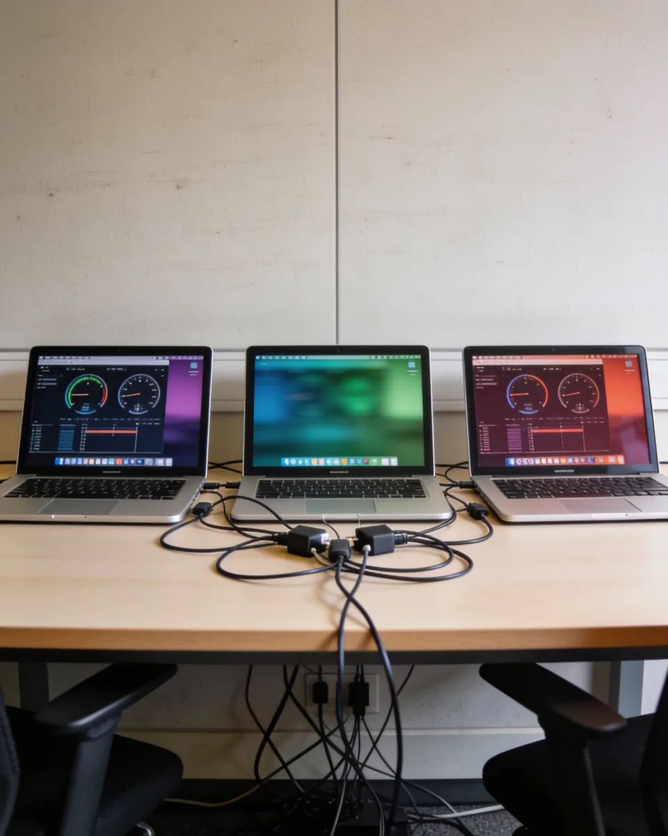 Mesa de escritório com três notebooks abertos, cada um com um painel diferente desfocado, e cabos emaranhados entre eles