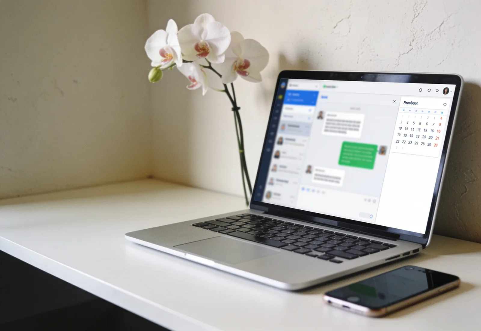 Mesa limpa com um único notebook mostrando um painel desfocado com conversa e agenda, e um celular ao lado