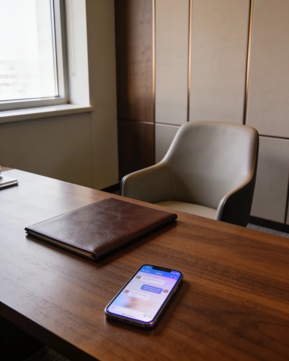 Consultório de uma clínica cirúrgica de alto padrão, mesa de nogueira com pasta de couro e celular aceso