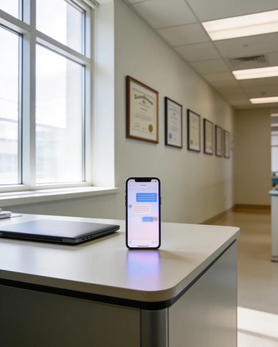 Consultório médico moderno e claro, com mesa vazia e um celular aceso mostrando uma conversa desfocada