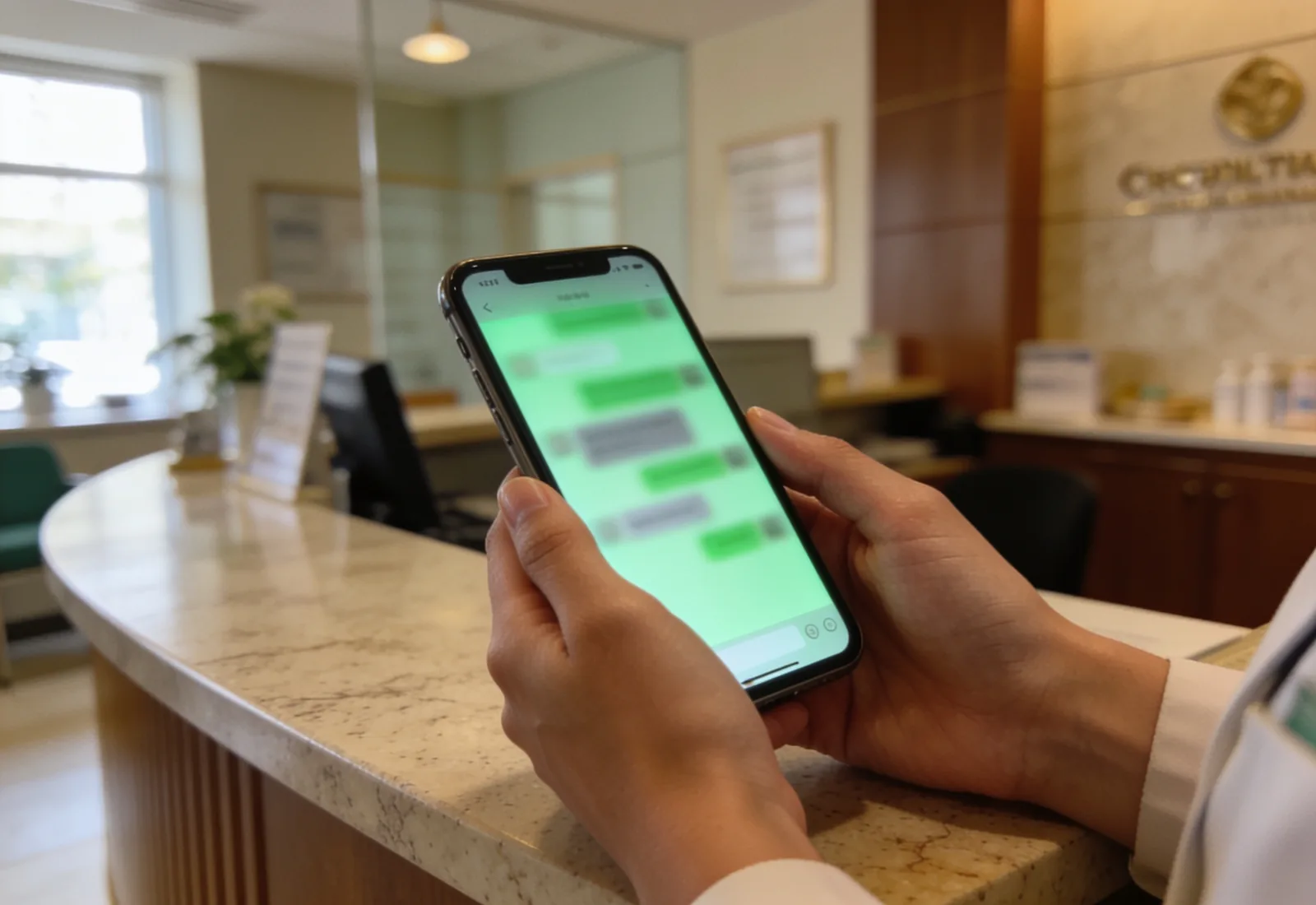 Mãos de uma recepcionista segurando um celular no balcão de uma clínica, com uma conversa desfocada na tela