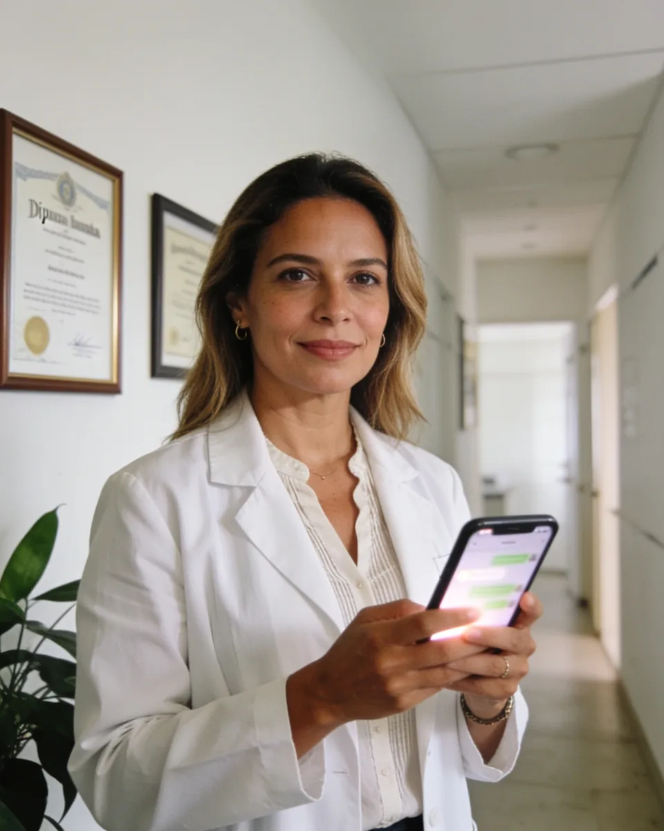 Médica de jaleco em um consultório moderno e claro, olhando o celular